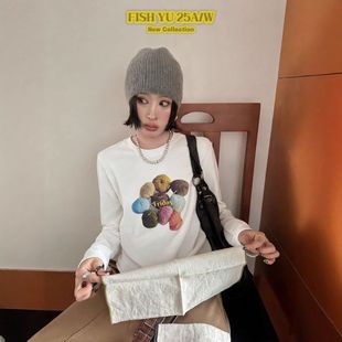 FISH 复古毛线球直喷印花加绒正肩长袖 冬季 t恤625725 正品