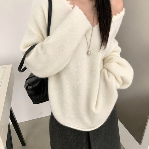 【汐柚·Seyu-】正品！冬温柔风约会花边V领宽松软糯保暖毛衣2088