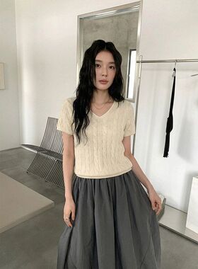 MMC肌理感麻花短袖V领针织衫女2026夏韩版简约显瘦百搭上衣62226