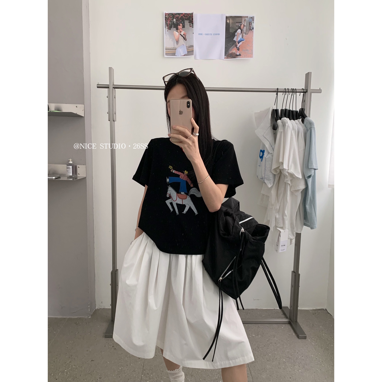 奶思家NICE STUDIO-夏上新韩系圆领百搭骑马小人印花短袖T恤L8896