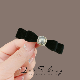 韩版 丝绒黑色弹簧夹后脑勺横夹女 高级感气质半扎蝴蝶结发夹秋冬款