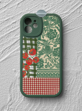 绿色花植格子拼接适用iPhone17promax苹果16手机壳小米15opporeno14新款mate70华为p80荣耀小羊皮保护套vivo