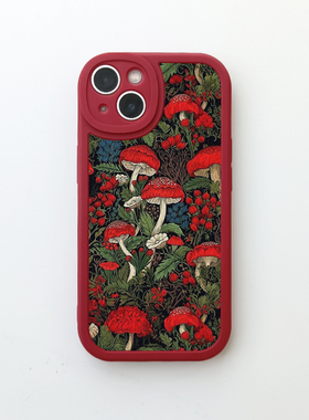 红蘑菇~复古插画适用苹果16pro手机壳nova12华为p70mate60小米15小羊皮opporen12ovivos9荣耀300iPhone14防摔