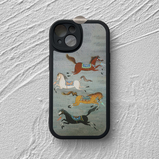 适用苹果16promax手机壳15小米14华为pura70软nova13复古mate60小羊皮荣耀100创意vivoS18艺术oppo~四马奔腾