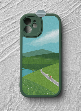 适用iPhone16promax手机壳苹果14小米15华为mate60pro新款12小羊皮11oppo一加ace荣耀vivos20绿色风景~骑行者