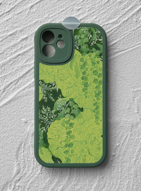 绿色花~油画小羊皮全包手机壳苹果15iPhone13promax防摔nova12华为p50E软壳mate60小米14vivox100荣耀90适用