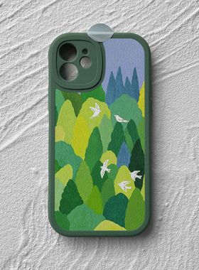 适用苹果16e手机壳15promax小米14华为nova13绿色mate60小羊皮p70荣耀200防摔vivox100软壳oppo森林飞鸟插画