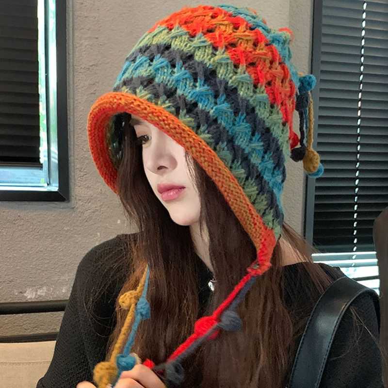 新款韩版民族时尚纯手工流苏多巴胺彩色球球毛线帽子女保暖包头帽