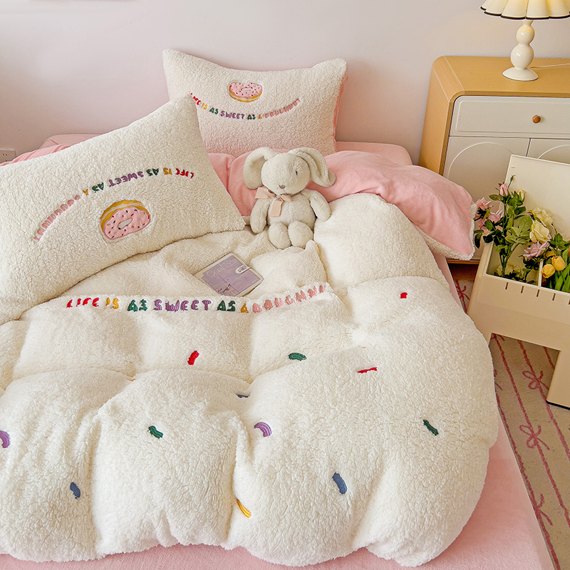 甜甜圈羊羔绒床上用品四件套冬季加厚款牛奶绒床单被套宿舍三件套