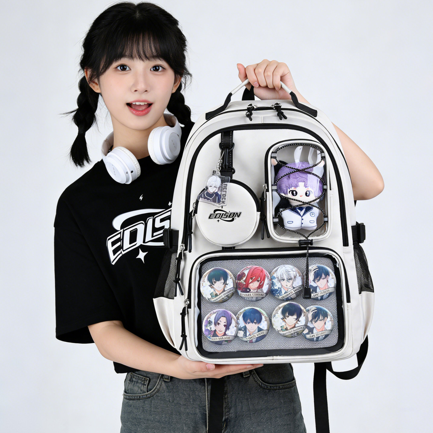 爱迪生中学生痛包书包护脊高中生DIY二次元男女潮流ins风双肩背包