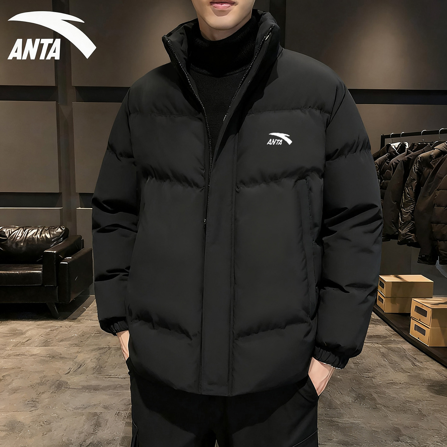 安踏运动休闲男立领保暖防风棉服