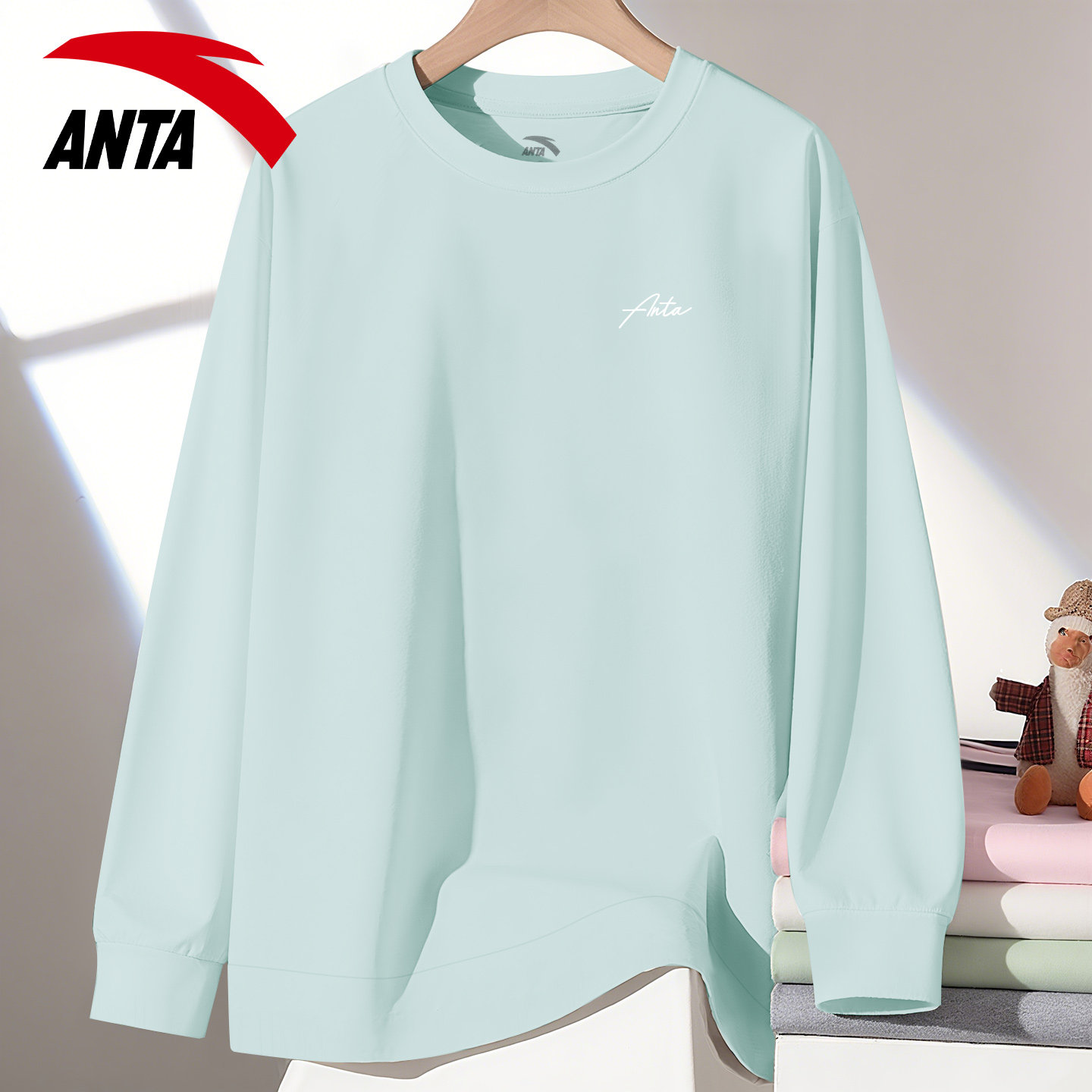 安踏卫衣女春季宽松圆领运动服时尚百搭休闲透气纯色无帽套头长袖