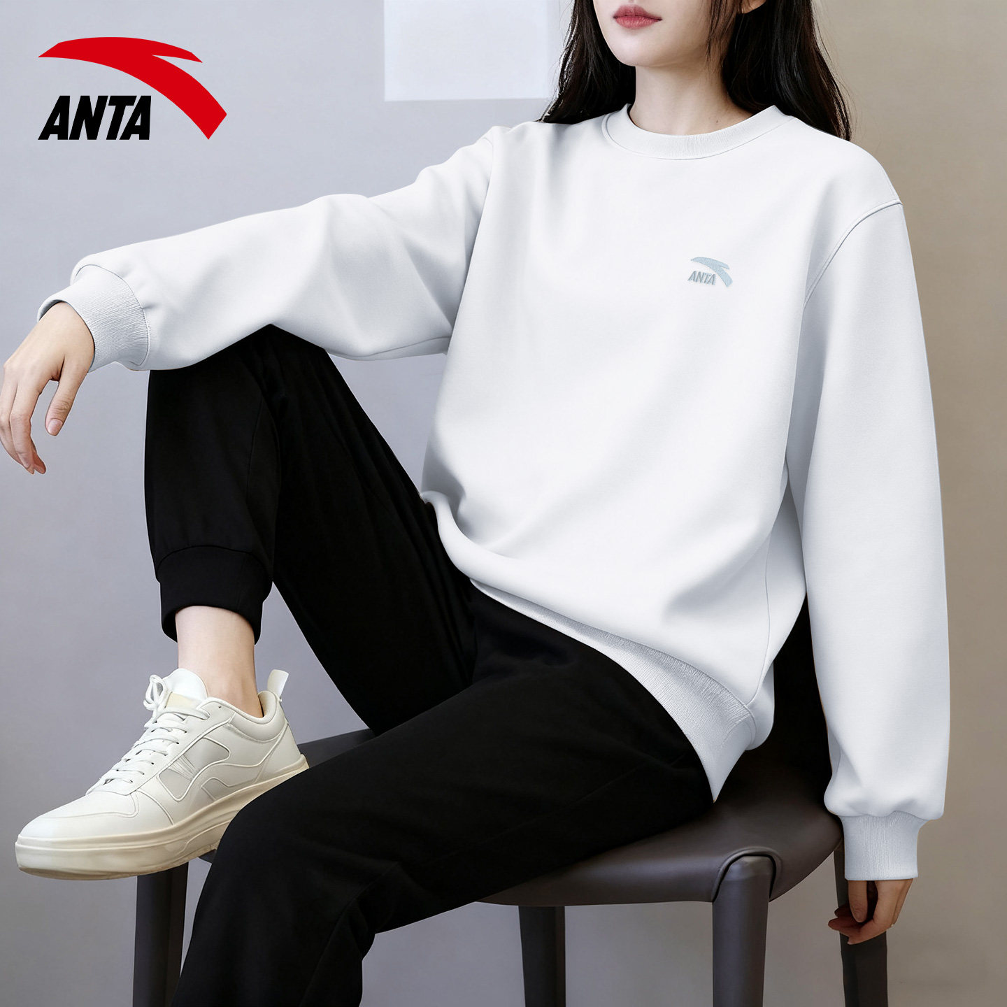 安踏长袖套装女时尚百搭卫衣卫裤春季新款宽松大码跑步休闲运动服