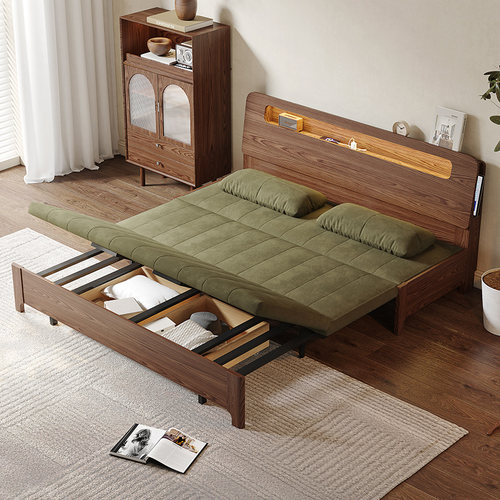 慕也家具日式棉麻全实木沙发床可折叠两用小户型多功能储物抽拉床