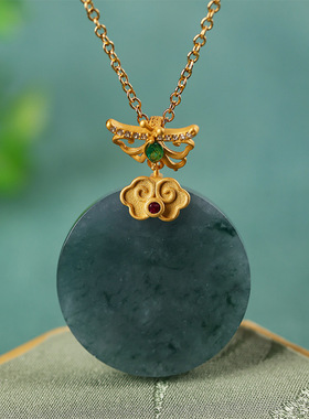 S925纯银镀18K金镶嵌A货蓝水翡翠大圆牌复古蝴蝶精致典雅时尚个性