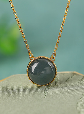 S925纯银镀18K金镶蓝水翡翠圆形蛋面项链精致典雅时尚复古