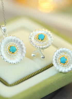 S925纯银镀18K金电白拉丝绿松石 太阳花吊坠耳饰清新淡雅百搭