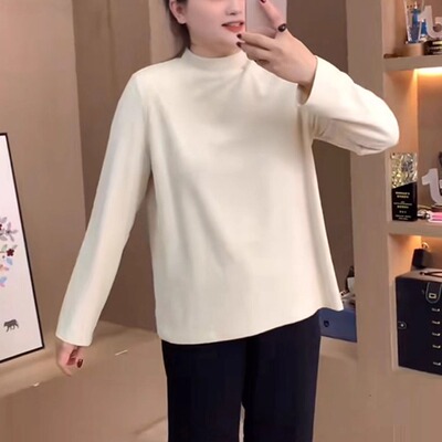 大码半高领磨毛长袖T恤内搭打底衫女秋季胖mm显瘦遮肉高级感上衣