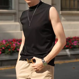 时尚中领背心男打底纯棉坎肩中领无袖t恤纯白纯黑短衫洋气背心马
