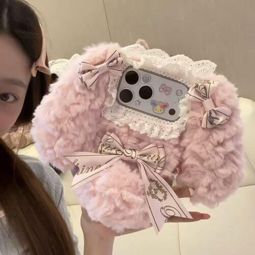 毛绒蕾丝蝴蝶结兔子适用于OPPOA98/A97/A96/A95/A93/A92s/A91手机壳a79/A72/A58/A57/A56/A55秋冬毛茸茸新款