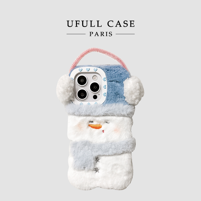 韩系ins可爱毛茸茸冬天雪人17pro苹果16ProMax手机壳iPhone14/15全包13pro女款11/12秋冬毛绒保护套