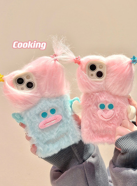 可爱搞怪毛绒扎辫子三星s24/s23/S22Ultra手机壳s21/s20fe/s10+秋冬note20/10/9趣味A54/a53卡通S9闺蜜适用女