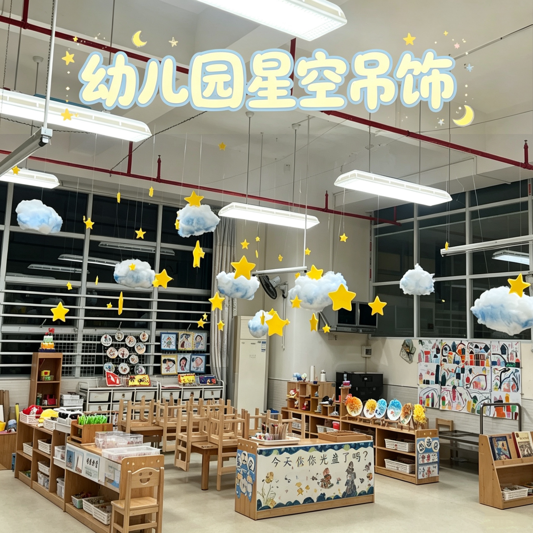 幼儿园教室星空云朵星星空中吊饰图片