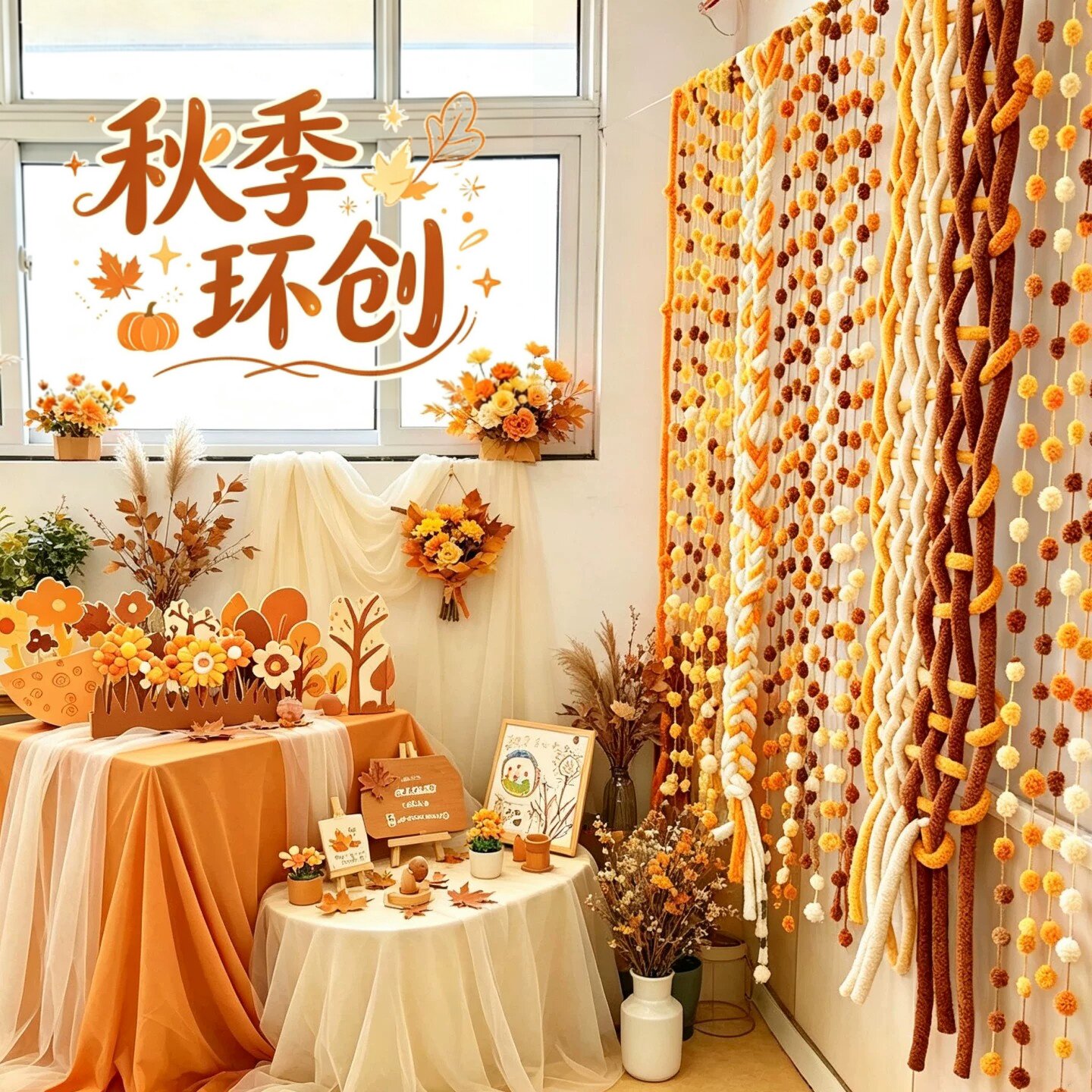 秋季美拉德环创毛线编织材料幼儿园大厅秋天氛围背景装饰场景布置