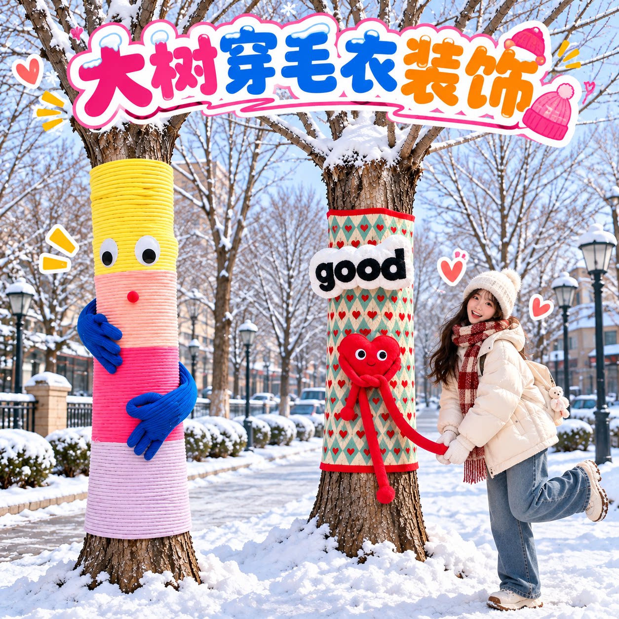 冬季给大树穿新衣缠绕装饰毛线