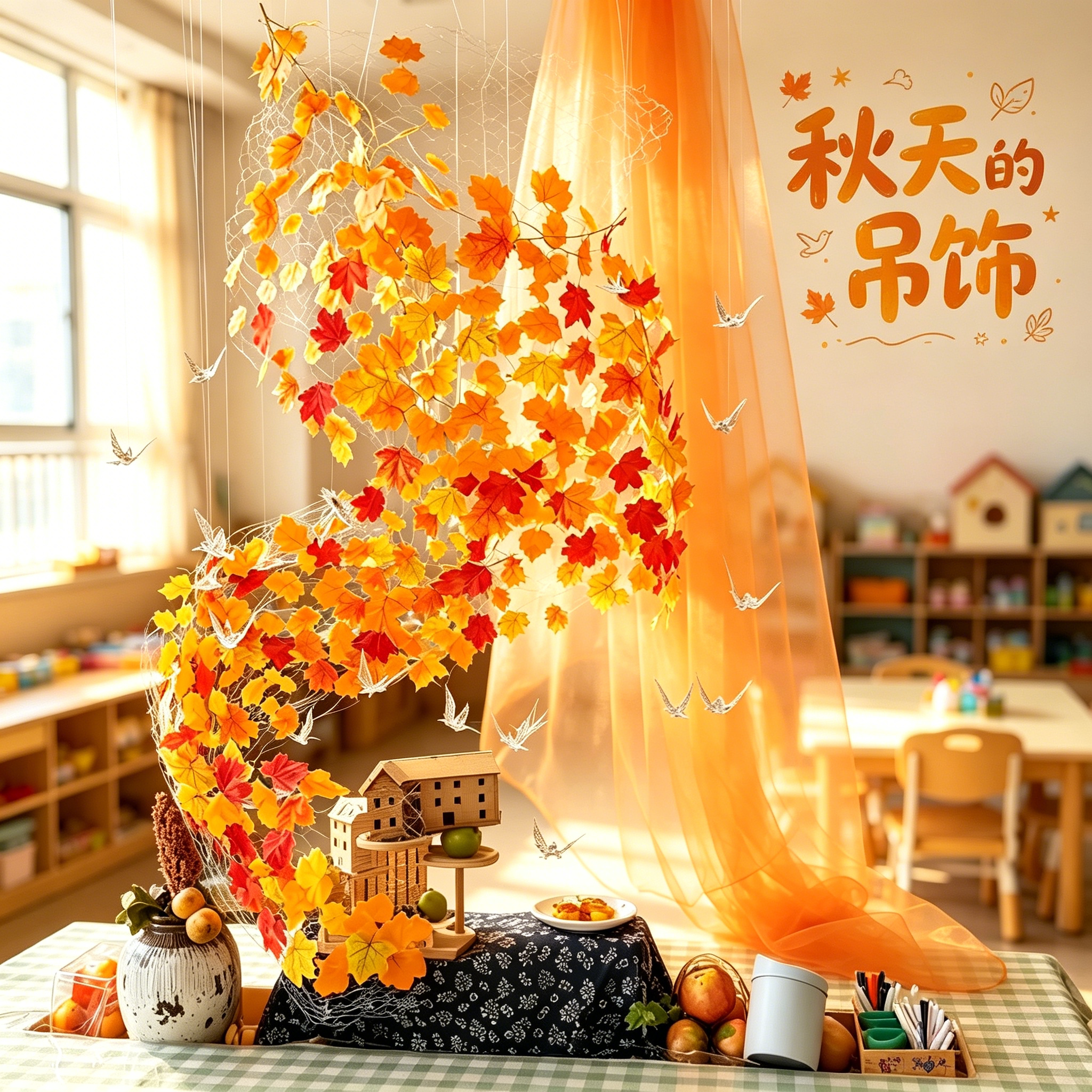 幼儿园空中悬挂吊饰装饰枫叶瀑布秋季环创教室氛围感布置区域隔断