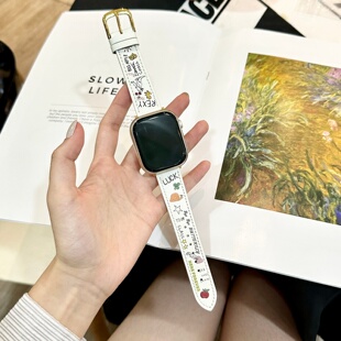 适用苹果S11手表带Y2K手绘涂鸦卡通印花真皮iwatch10代s9高级42mm