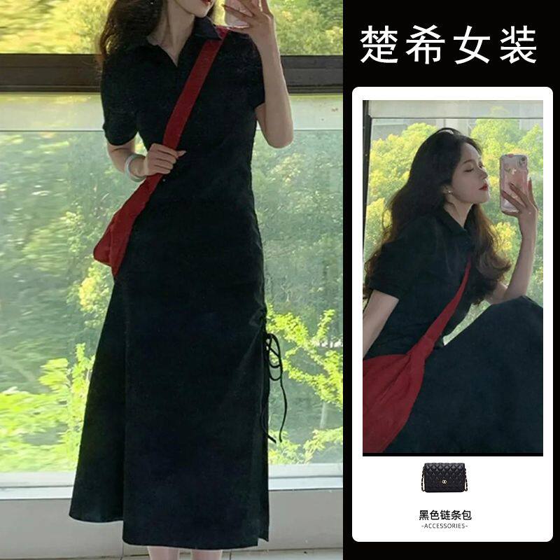 法式黑色POLO领鱼骨连衣裙子商务用花