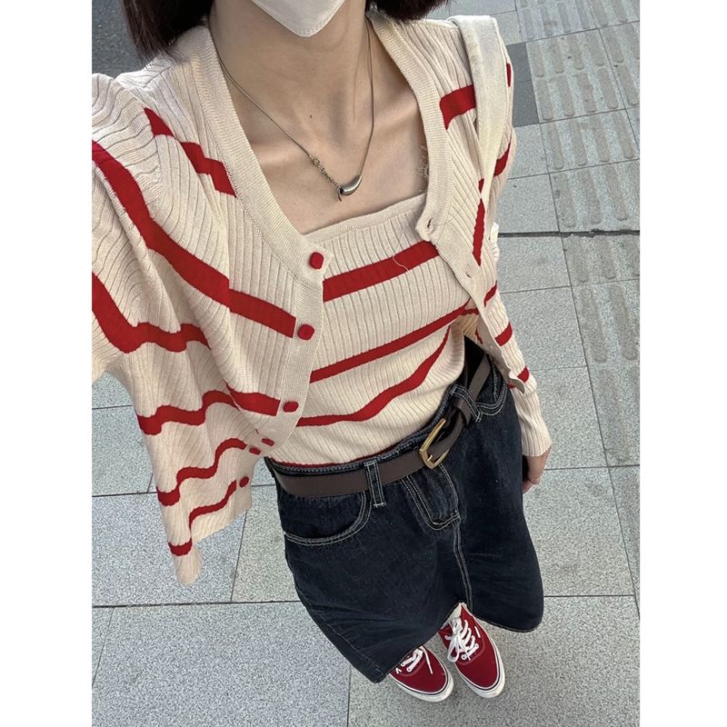 纯欲甜辣妹性感条纹针织防晒开衫女夏季设计感小众吊带上衣两件套