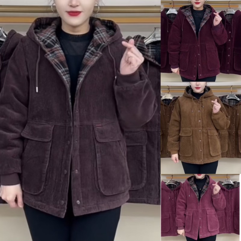 冬季高档连帽灯芯绒抽绳保暖外套