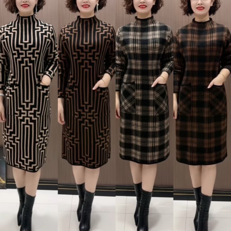 复古高档中长款连衣裙立领针织裙