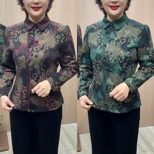 冬季长袖加绒保暖开衫时尚洋气宽松遮肉打底衫中老年妈妈碎花小衫