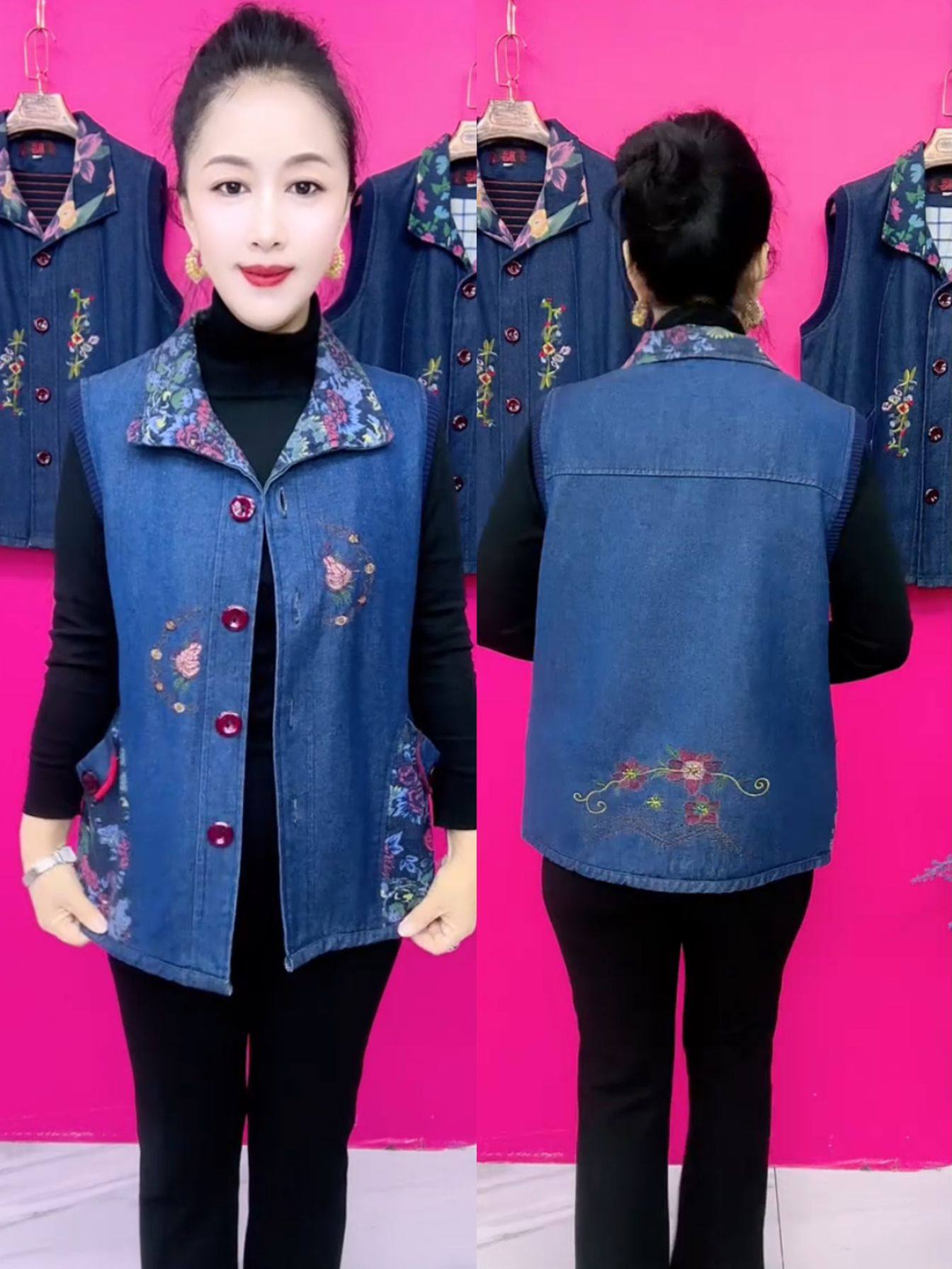 春秋刺绣牛仔马甲中老年女士宽松显瘦款77.98元