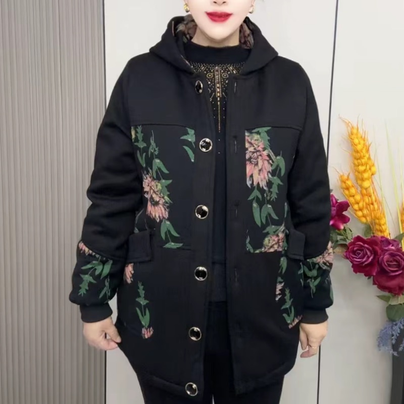 加绒加厚棉服宽松复古花色连帽