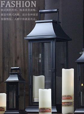 简约中式复古手提防风蜡烛台 铁艺玻璃户外庭院落地风灯烛台摆件