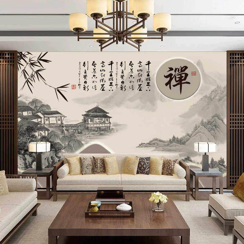 新中式禅意山水背景墙纸轻奢客厅沙发装饰壁布8D酒店会所茶室壁画,家居饰品,软装墙贴,淘宝优惠券,粉丝福利购,淘宝优惠卷