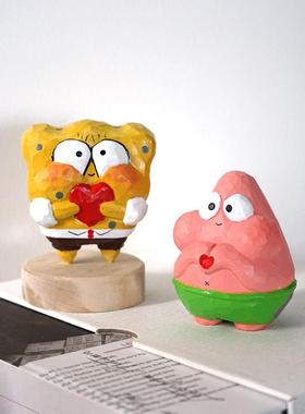 Q版海绵宝宝派大星手工木雕小摆件木质雕刻卡通治愈可爱桌面装饰