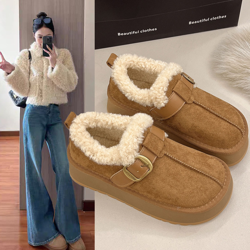 厚底加绒毛毛勃肯鞋女冬季2025新款懒人一脚蹬乐福鞋保暖靴1221w