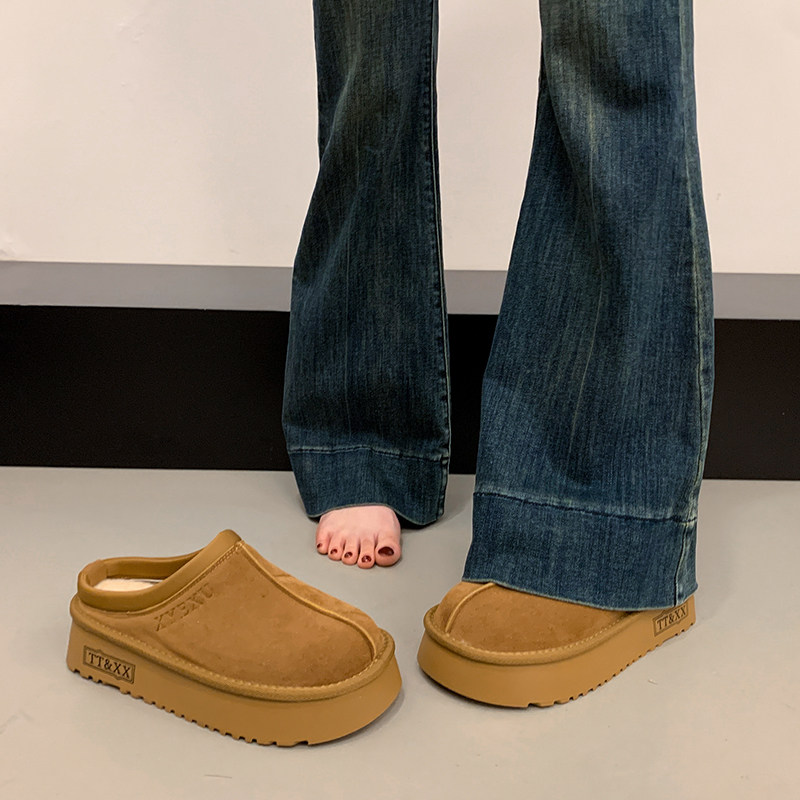 厚底勃肯鞋女2025秋冬新款加绒保暖一脚蹬包头拖雪地棉鞋子1215r