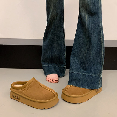 厚底勃肯鞋女2025秋冬新款加绒保暖一脚蹬包头拖雪地棉鞋子1215r