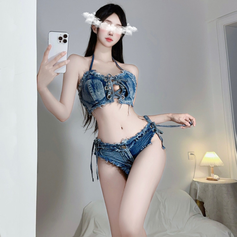 牛仔短裙套装裹胸内衣女低腰开档短裤性感破洞牛仔短裤夜店性感潮