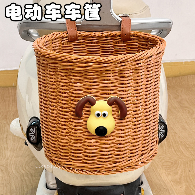 电动车后置车筐可爱卡通藤编复古车蓝子电瓶摩托车后尾大容量挂篮