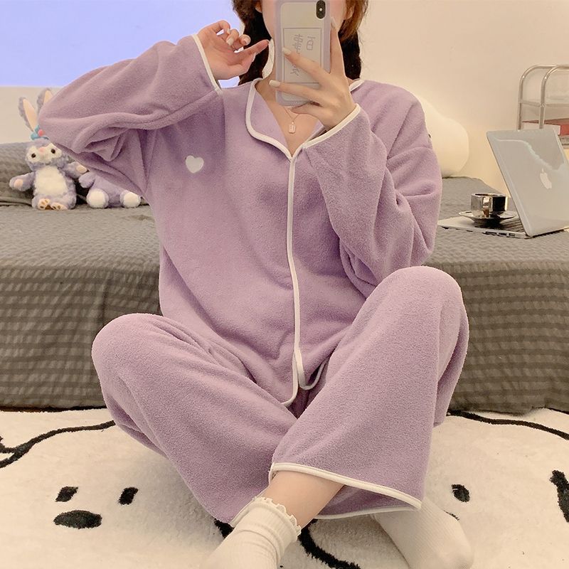 超细绒珊瑚绒睡衣女秋冬款简约刺绣爱心开衫加厚高颜值家居服套装