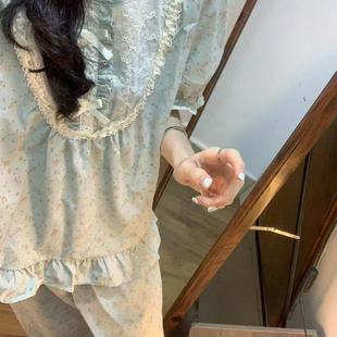 可外出 甜美碎花可爱睡衣女夏季 公主风蕾丝花边短袖 长裤 居家服套装