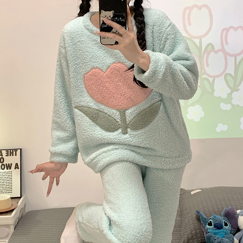 网红学生珊瑚绒睡衣女秋冬季加绒加厚保暖法兰绒可外穿家居服套装