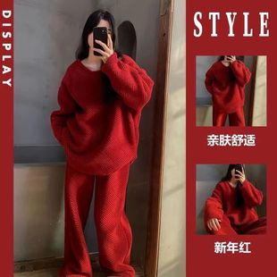 新年红珊瑚绒睡衣女新婚喜庆高级感红色简约风大码加厚保暖家居服